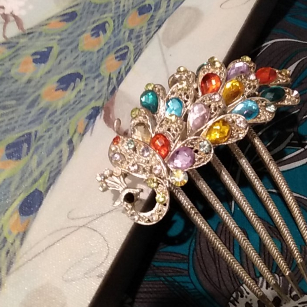 Vintage French Twist Peacock Gem  Curved Hair Comb
